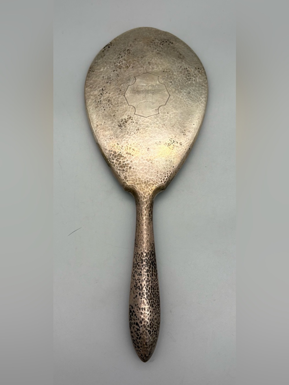 Antique Sterling Silver Hand Hammered Handheld E engraved Mirror MH 14.3 Oz